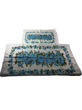 Cannon Towels 70s Retro Blue Floral Fringe set of 2 Vintage